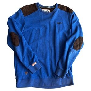Superdry Japan Crewneck Sweatshirt Blue Pullover Elbow Patch Casual Streetwear